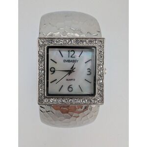 Embassy Watch Women Pave 28mm Silver Tone MOP Dial Open Cuff-‎ New Battery